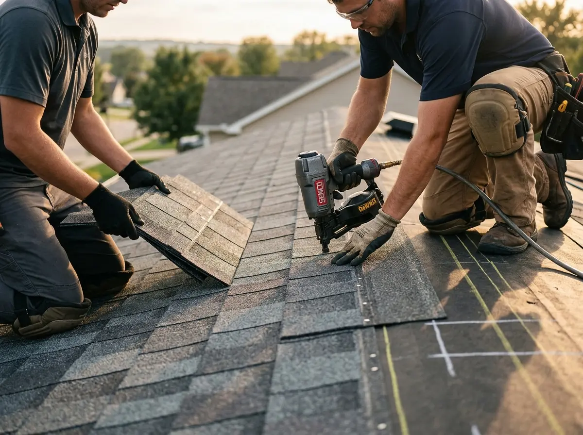 Professional roofer working on a residential roof in Mantua